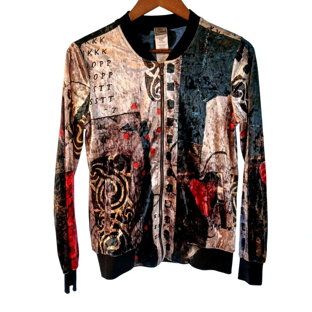 Art of Dolcezza Womens XS Abstract Art Velvet Bomber Jacket Full Zip Art to Wear